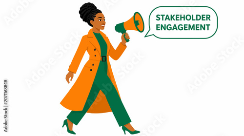 Confident woman with megaphone promoting stakeholder engagement.