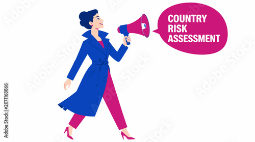 Woman with megaphone announcing country risk assessment.