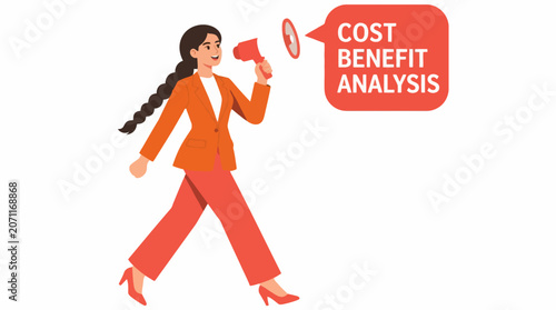 Businesswoman announcing cost benefit analysis concept.