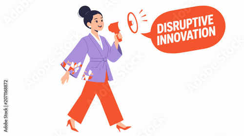 Woman with megaphone promoting disruptive innovation concept.