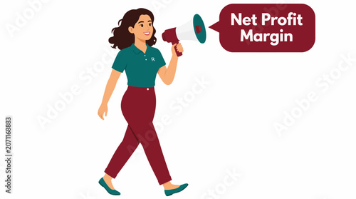 Woman holding megaphone with net profit margin text.