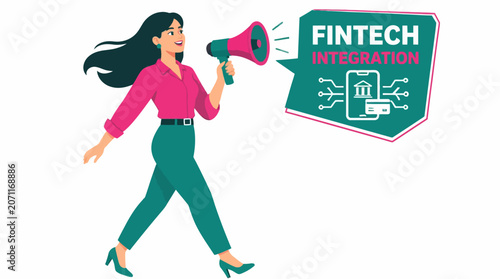 Woman with megaphone promoting fintech technology concept.