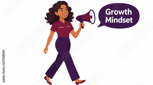 Confident woman holding megaphone for growth mindset message.
