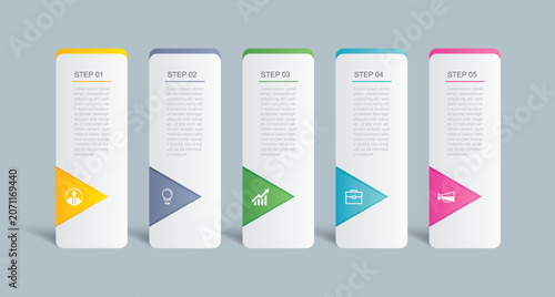 Modern infographic step guide cards with colorful icons and triangular bottoms for process visualization