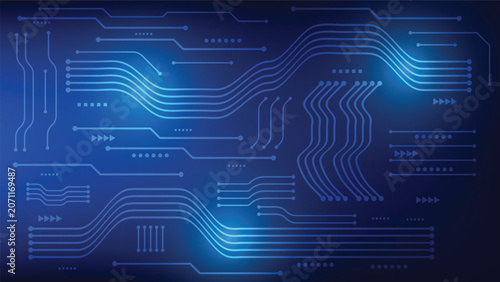 Modern electronic circuit board design with glowing blue lines and intricate pathways on dark gradient background