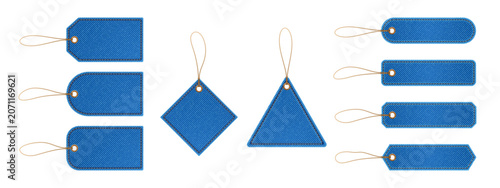 Set of colorful fabric gift tags with twine loops isolated on transparent background for packaging design use