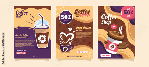 Vibrant coffee shop promotional flyers featuring discounts and special coffee offers with stylish illustrations and call to action buttons