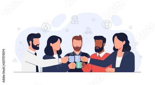 Diverse Team of Professionals Enjoying a Coffee Break Together, Illustrating Collaboration and Camaraderie