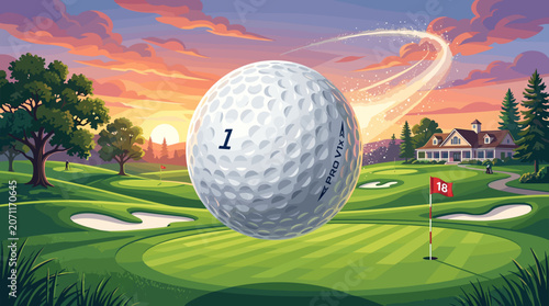 Golf Course Scene with Large Golf Ball and Scenic Sunset Background