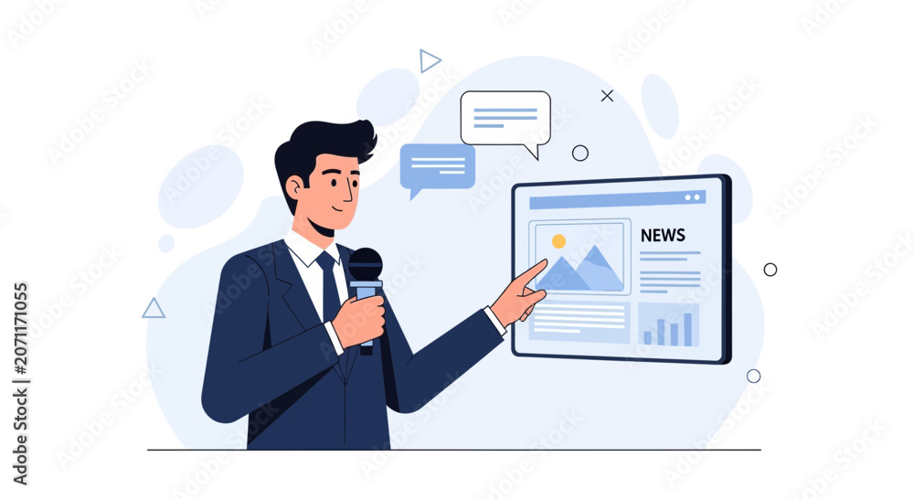 Fototapeta premium Male news anchor with microphone presenting news on a digital screen with charts and images, concept for broadcast journalism.