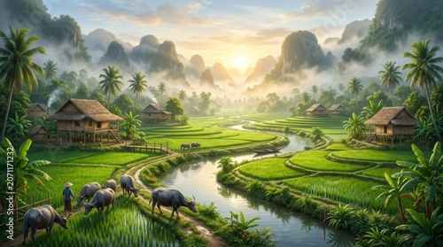 Serene Landscape with Rice Fields and Water Buffalos at Sunrise