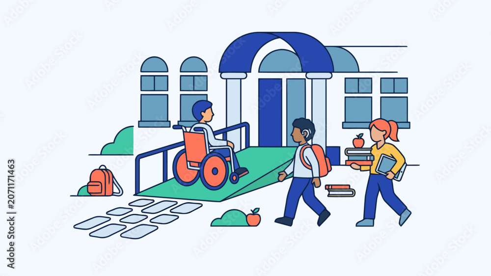 Obraz premium Back to school students with diverse needs entering building with accessibility ramp