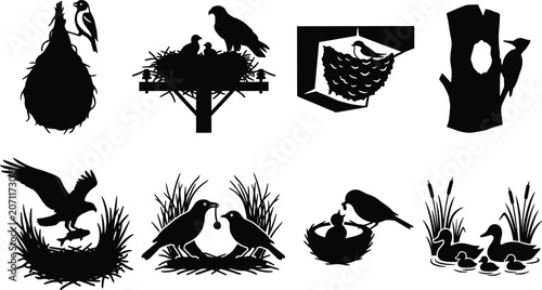 Tableau sur toile Bird nests black silhouettes vector icon set featuring woodpecker eagle mallard
