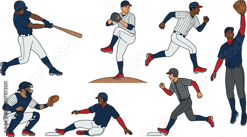 Obraz na płótnie Baseball players action poses icon set with diverse team multiethnic athlete cha