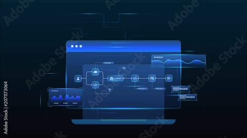 Futuristic AI workflow automation system dashboard with ai agent and data flow network interface, looped animation