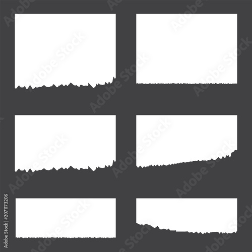 Realistic vector collection of white torn paper sheets and ripped notebook page strips with rough textured edges isolated on a flat grey background.