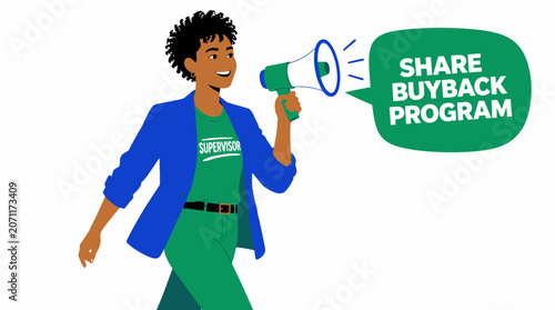 Woman holding megaphone promoting share buyback program.