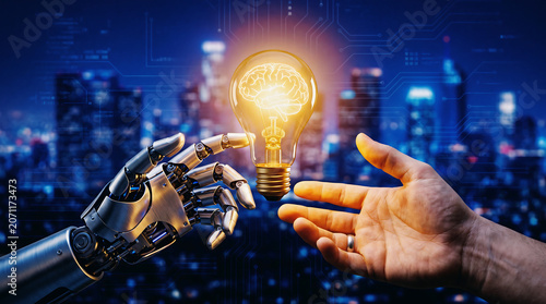 Robot hand offering a glowing light bulb with a brain inside to a human hand, symbolizing artificial intelligence and innovation.