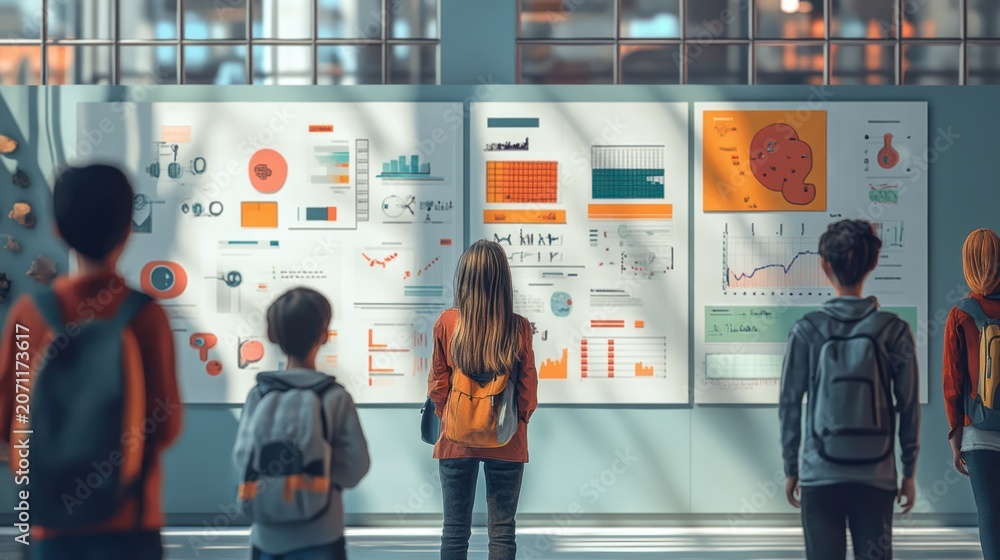 Fototapeta premium A group of students are looking at a wall of charts and graphs in a classroom, exploring and learning about data visualization and analysis.