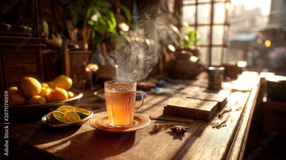 Fototapeta premium Cozy Warm Drink in Rustic Setting With Steam Rising and Fresh Fruit on Wooden Table Bathed in Natural Light