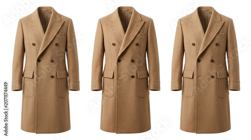 Classic camel wool overcoat set, elegant double breasted men's winter coats, luxury beige cashmere outerwear collection for formal fashion isolated PNG with Transparent Background