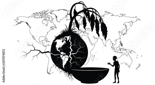 Quadro su tela Cracked globe with wilting plant silhouette against world map background