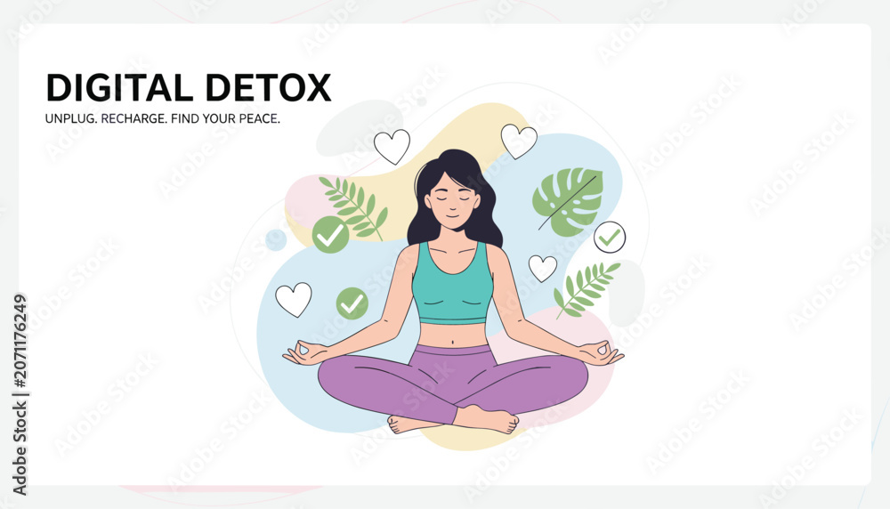 Obraz premium Digital detox banner showing a relaxed woman practicing yoga and meditation to unplug, recharge, and find her inner peace.