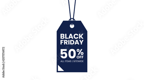 Blue Black Friday fifty percent off hanging sales tag.