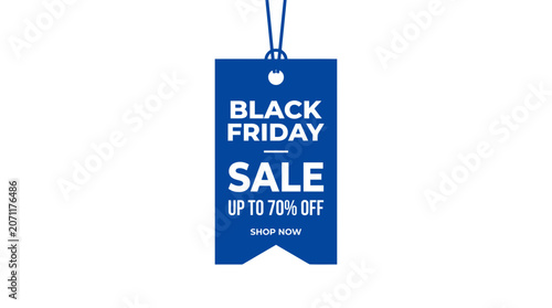 Blue Black Friday sale tag hanging icon.
