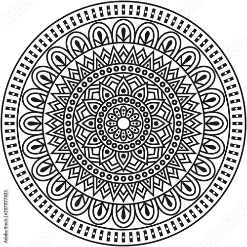 A beautifully detailed decorative mandala design created with intricate floral and geometric elements arranged in a perfectly balanced circular composition.
