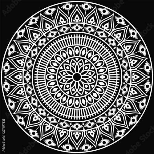 A beautifully detailed decorative mandala design created with intricate floral and geometric elements arranged in a perfectly balanced circular composition.

