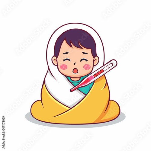 Sick child wrapped in blanket with thermometer
