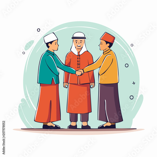 Three men in traditional clothing shaking hands