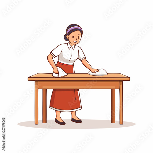 Woman cleaning a wooden table with a cloth