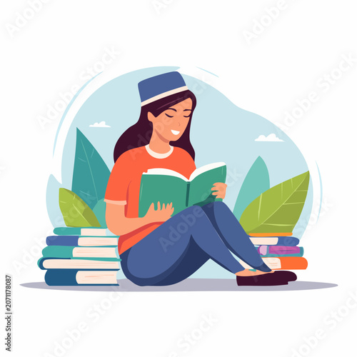 Woman reading a book surrounded by plants and stacks of books