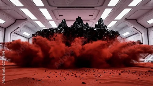 A dark, explosive mass erupts in a futuristic white room with red floor
