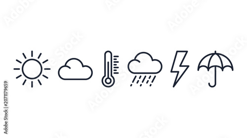 Fotografie Weather condition symbols in a horizontal line icon row.