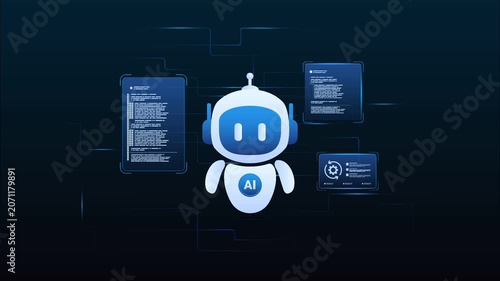 Futuristic AI workflow automation system with ai agent assistant, coding panels and data analytics dashboard, looped animation