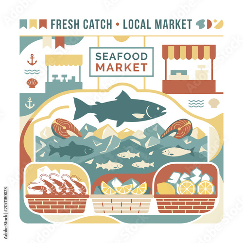 фотографія Fresh seafood market colorful illustration.