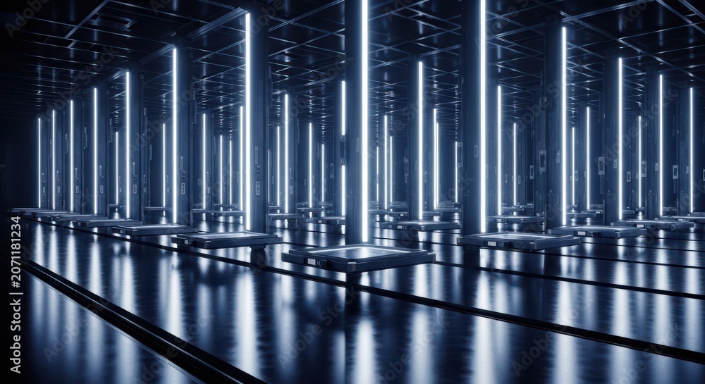 Fototapeta premium Futuristic laboratory, neon lit interior, sci-fi background, blue glowing tubes