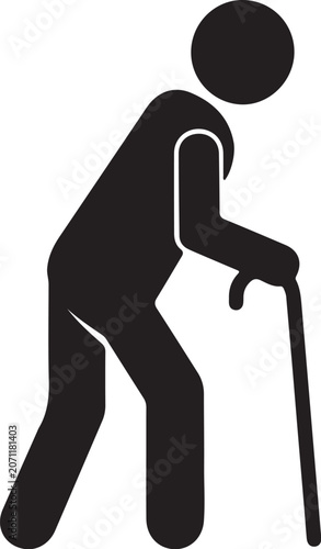 Elderly person with walking stick icon silhouette retirement assistance mobility character illustration lifestyle seniority physical grandfather pictogram isolated