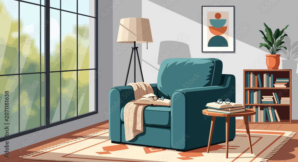 Fototapeta premium Modern living room interior with blue armchair and bookshelf