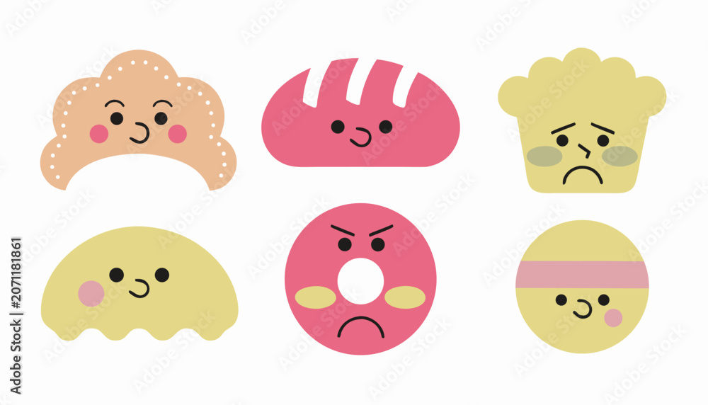 Obraz premium Set of cute and emotional bread and pastry characters with different expressions