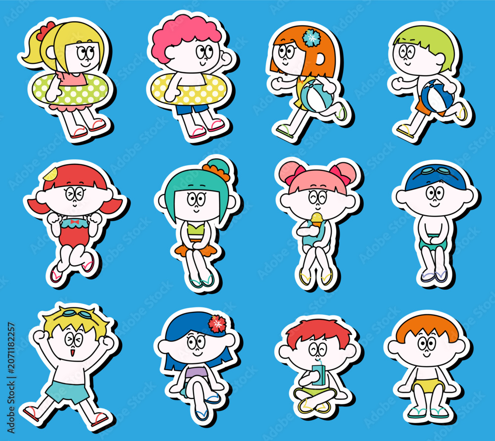 Fototapeta premium 水着のこどものイラストセット（フチあり）（ベクター）