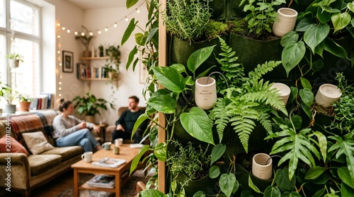 Cozy Living Room with Vertical Garden and Couple Relaxing