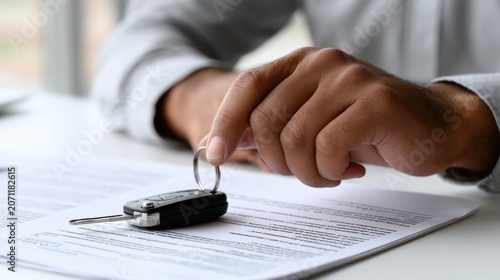 Car key placed on signed documents during vehicle transaction. Auto purchase agreement, registration process, dealership paperwork and mobility concept