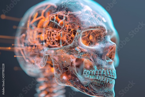 Futuristic Fusion: Glowing Holographic Skull with Fractal Designs