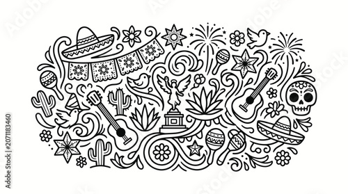 Photos Dia de Muertos Doodle Art: Mexican Culture, Festive Symbols, and Celebration