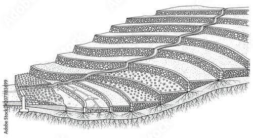 Foto Terraced Farming Illustration: Stone Walls, Irrigation, and Crops on Sloping Lan