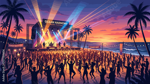 Beach music festival crowd dancing at sunset with palm trees